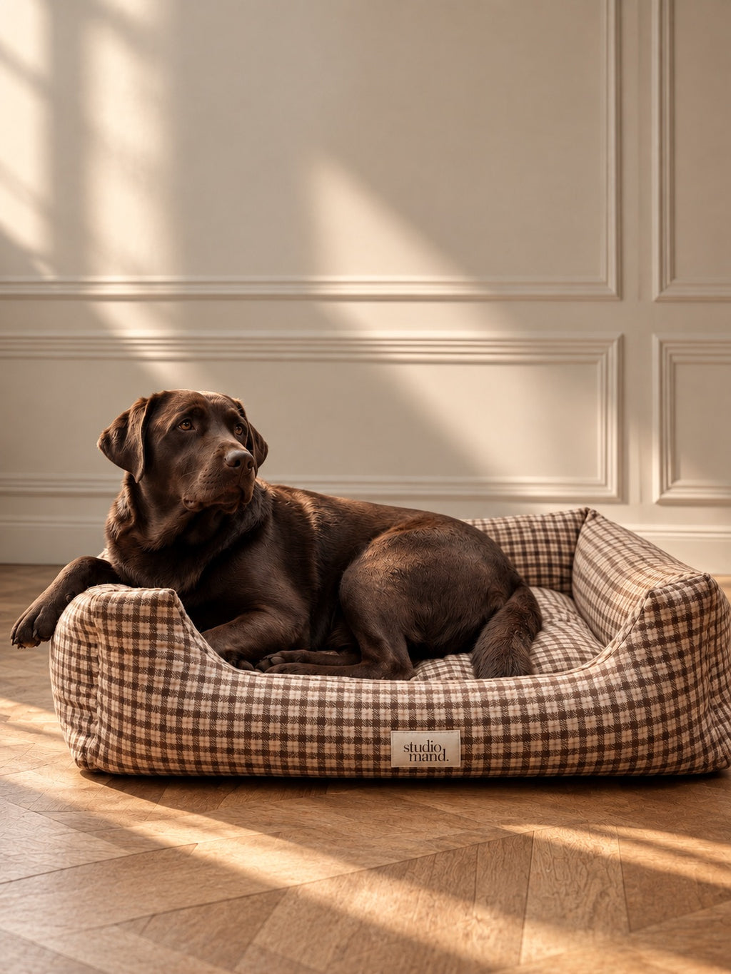 Hazel - classic dog bed with brown tartan print